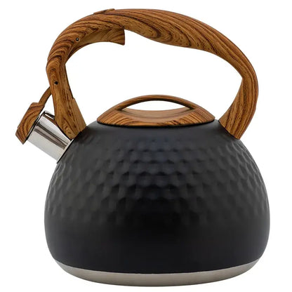 Black hammered stainless steel whistle boiling kettle with natural wood handle and silver spout for kitchen decor