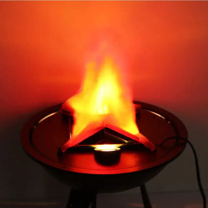 Black hanging electronic brazier flame lamp with realistic orange and yellow flames in a black metal frame pendant light