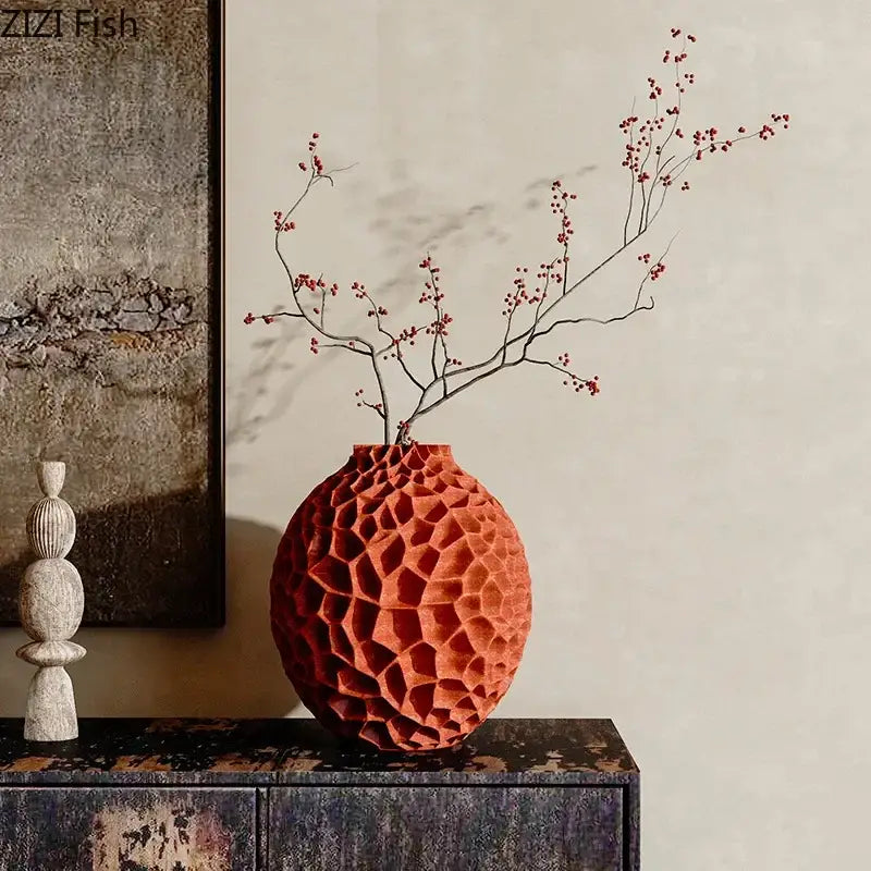 Terracotta ceramic vase with honeycomb texture designed for artificial flower arrangement in living room decor