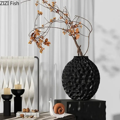 Black textured ceramic vase with honeycomb texture and spherical shape for artificial flower arrangement