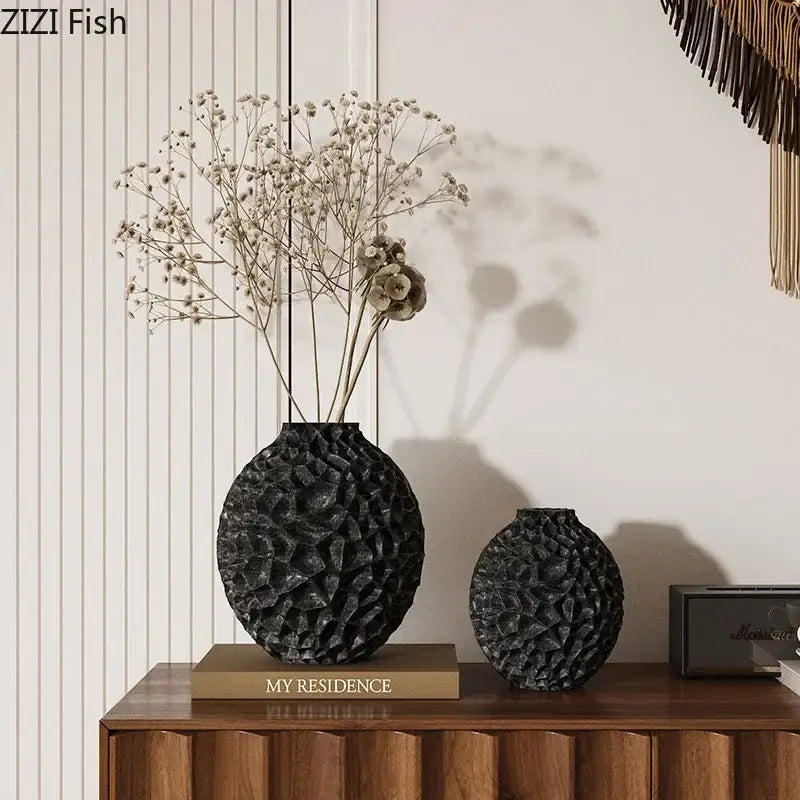 Black ceramic vases with honeycomb texture for living room artificial flower arrangement