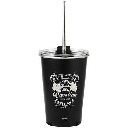 Black insulated stainless steel bubble tea tumbler with silver lid and straw featuring nice time vacation design for tea party