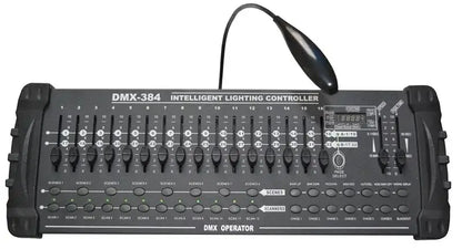 Black dmx-384 beam light console with multiple sliders and led light for precise control in dj room use