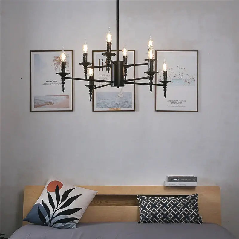 Black iron art candle chandelier pendant light with multiple candle-style bulbs for living room decorbites iron art decor