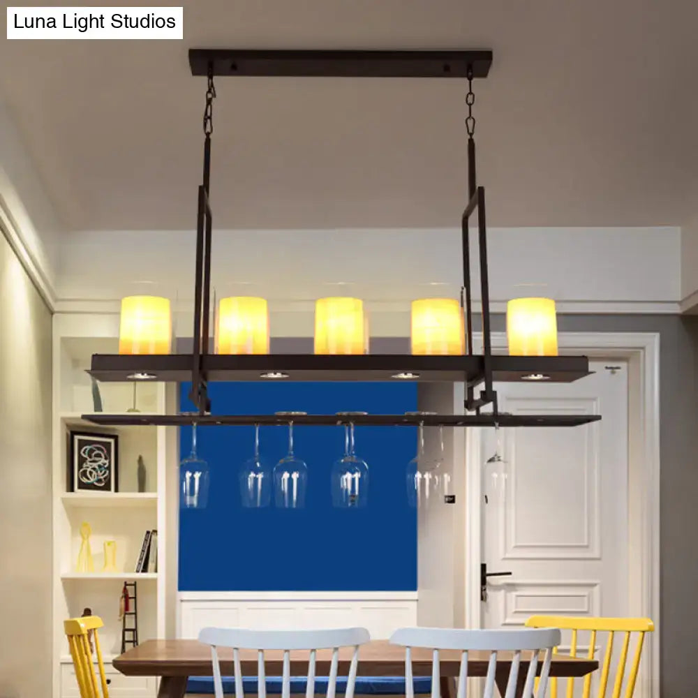 DecorBites black 5-light island light fixture with clear glass cylindrical pendants and integrated wine glass holders