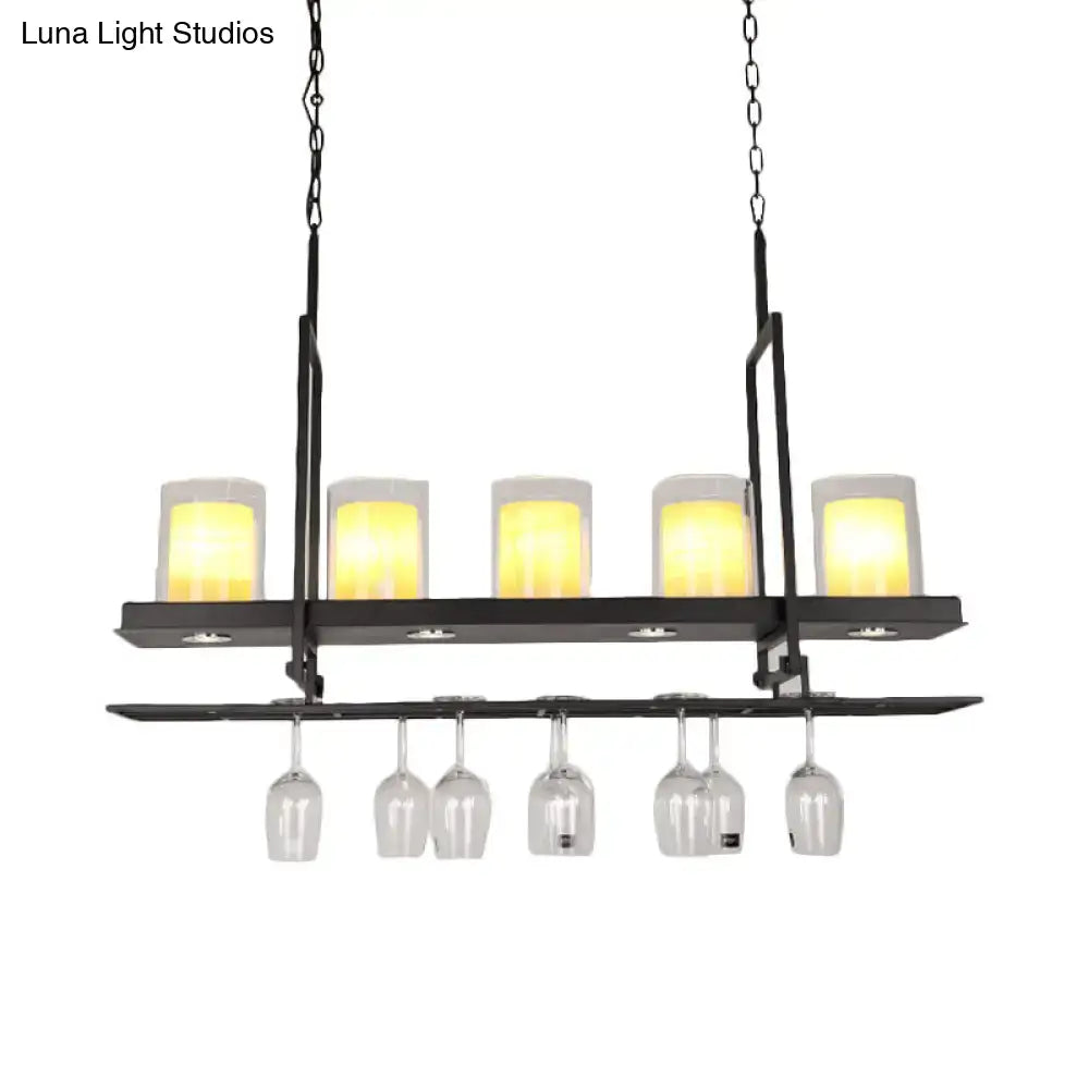 DecorBites™ black island light fixture with five warm candle-style lights, clear glass cylindrical pendants, and wine glass rack