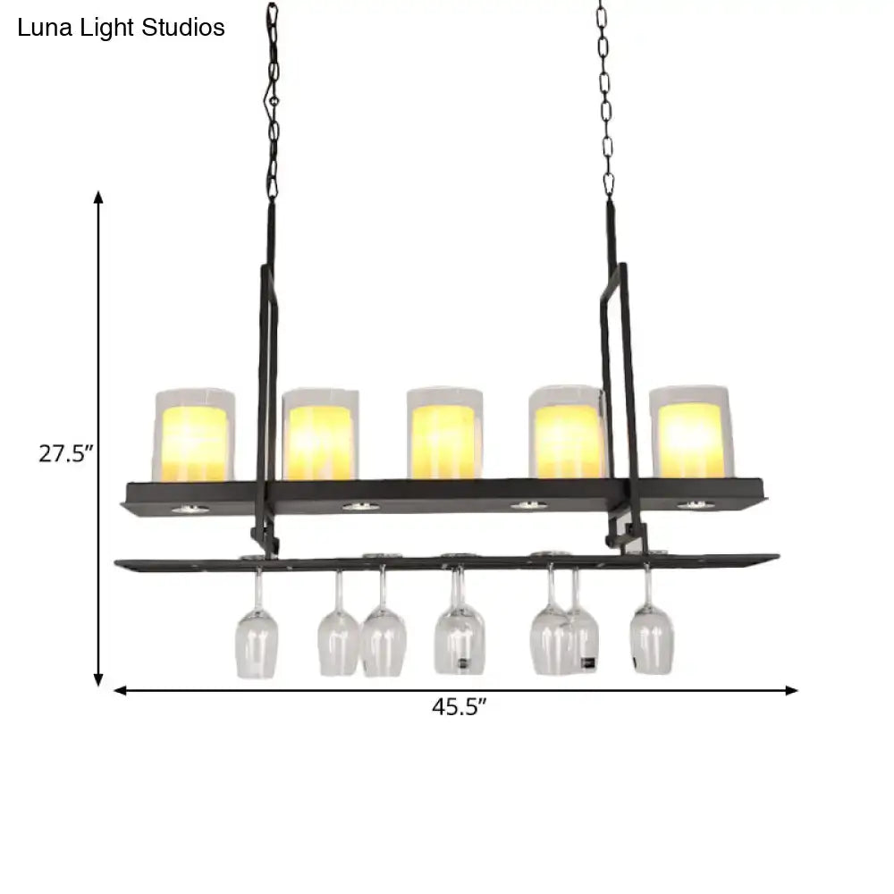 DecorBites™ black island light fixture with five warm candle-style lights and clear glass cylindrical pendant wine rack