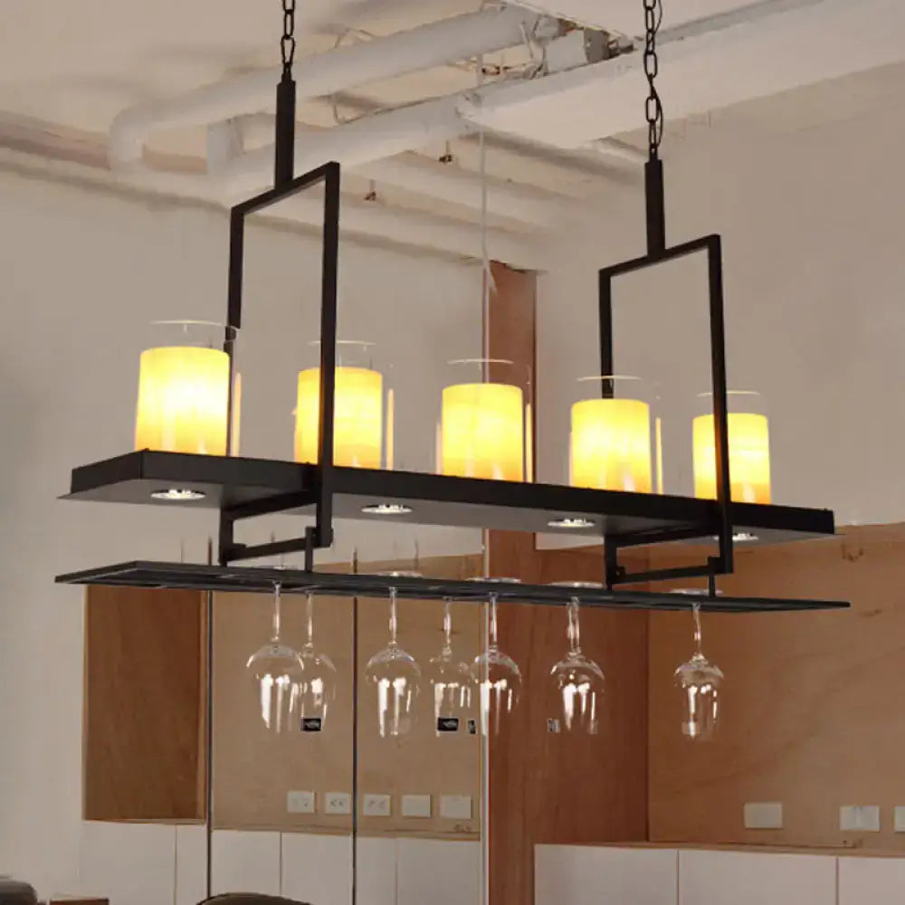 DecorBites black island light fixture with five warm yellow clear glass cylindrical candle-style lights and wine glass rack below