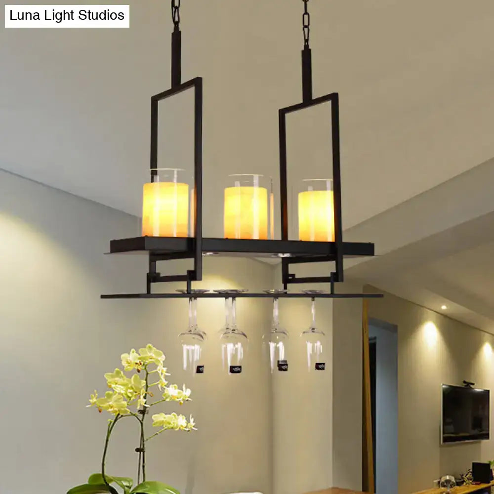 DecorBites black 3-light island light fixture with clear glass cylindrical pendants and amber candle-style lights
