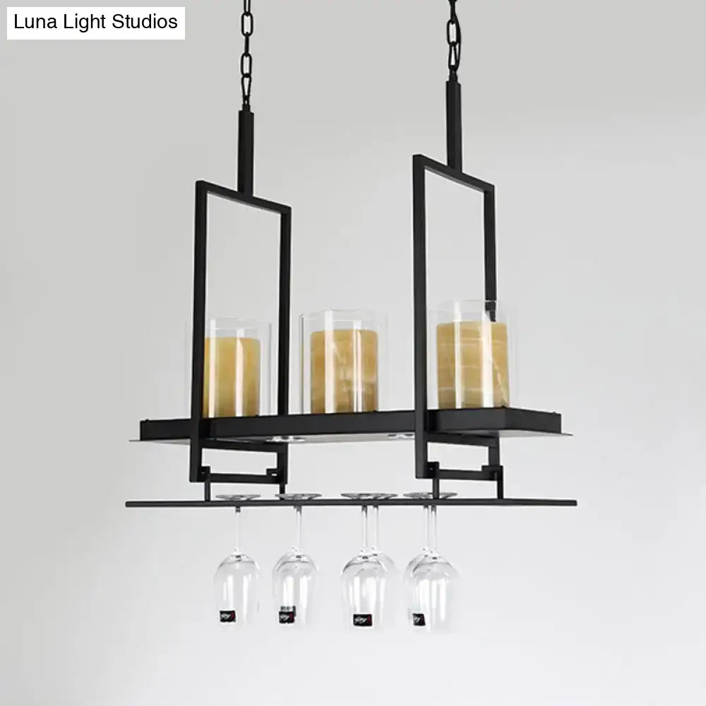 Decorbites black metal wine glass hanging rack with clear glass cylindrical candle holders and suspended wine glasses