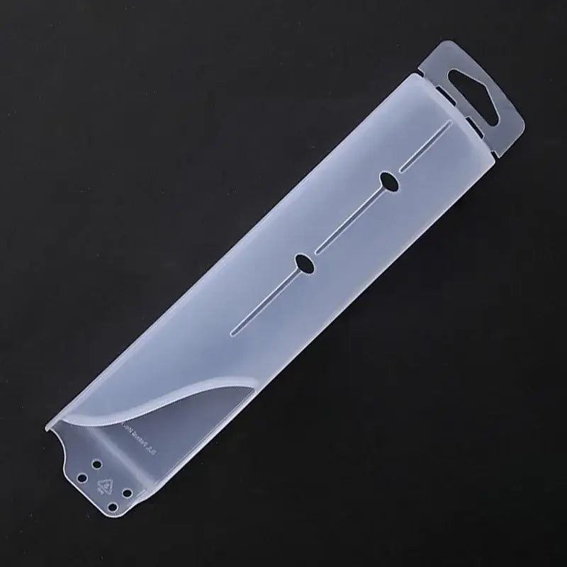 Transparent plastic display stand with hanging tab and three circular cutouts for decorbites knife scabbard set