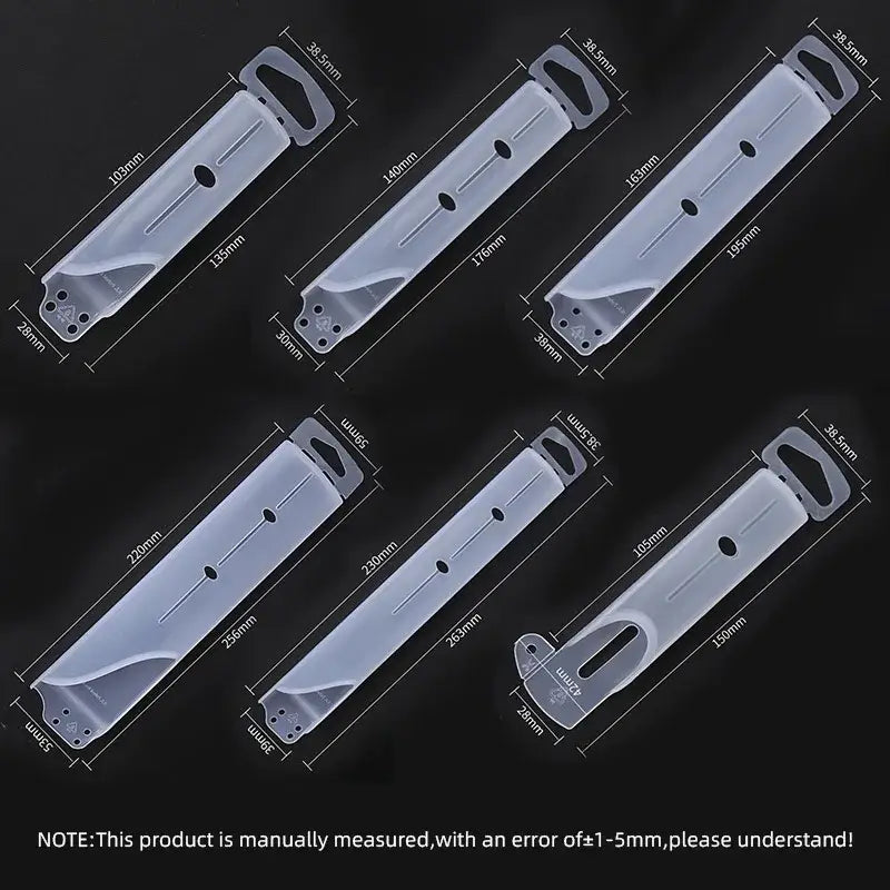 Black knife scabbard set with kitchen scissors and transparent plastic strap clips with molded handles and adjustable length markings