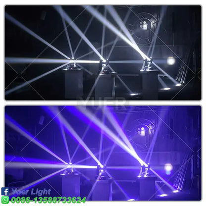 Professional black led disco ball lights with 4 lasers emitting sharp white and vibrant purple beams for stage use