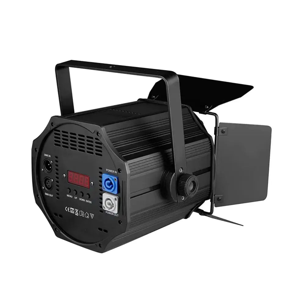 Black led par light with barn doors featuring a sturdy handle and adjustable side shutter for stage effects