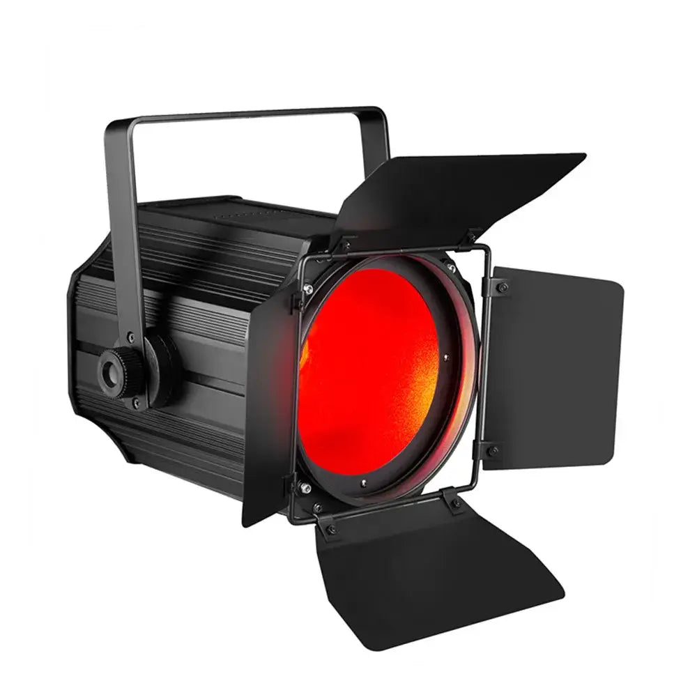 Black led par light with adjustable barn doors and bright red illuminated lens for professional stage lighting effects