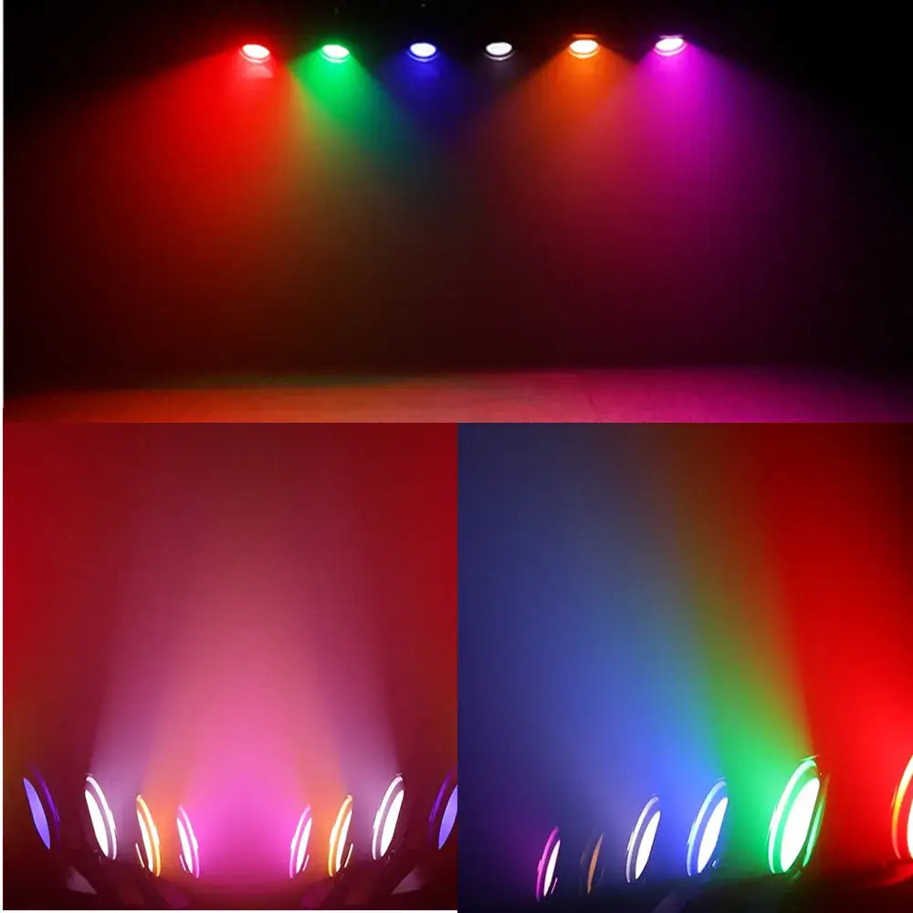 Black led par light with barn doors emitting vibrant red green blue orange and purple beams for stage effect lighting