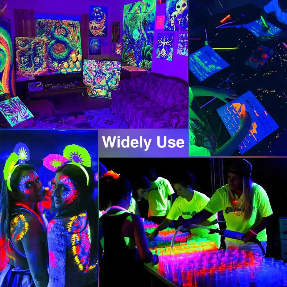 The black led uv black light flood lamp illuminates vibrant glowing artwork and party scenes for halloween decor