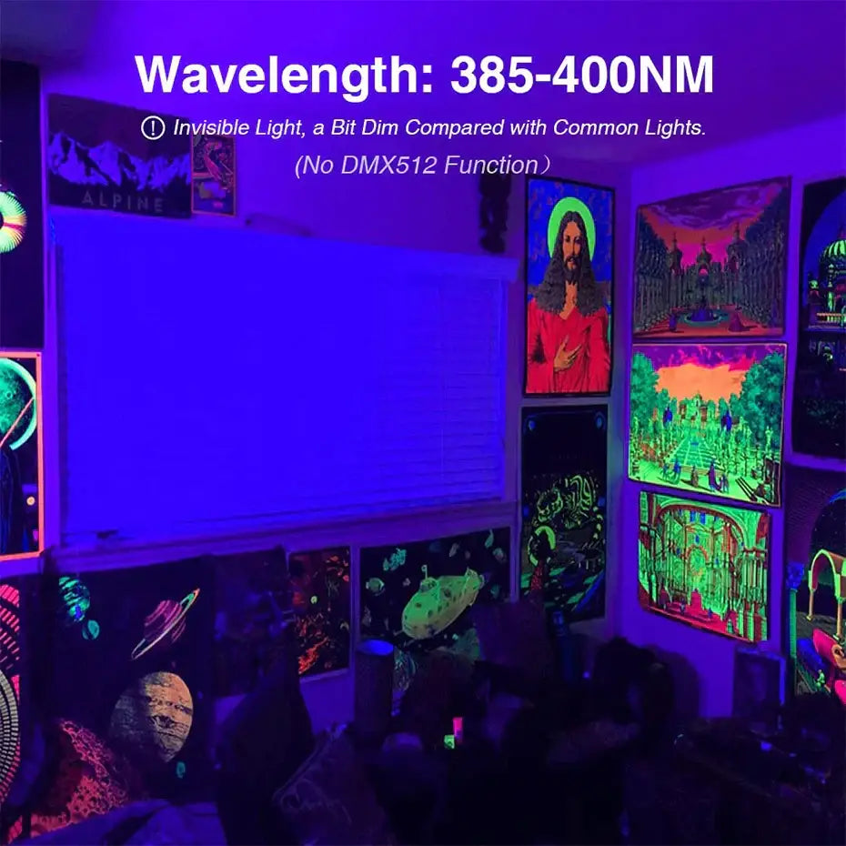 Room lit by black light flood lamp showing glowing posters under 385-400nm uv light flood for halloween decor