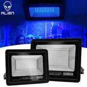 Black led uv black light flood lamp with textured silver panel and alien logo for Halloween party decor