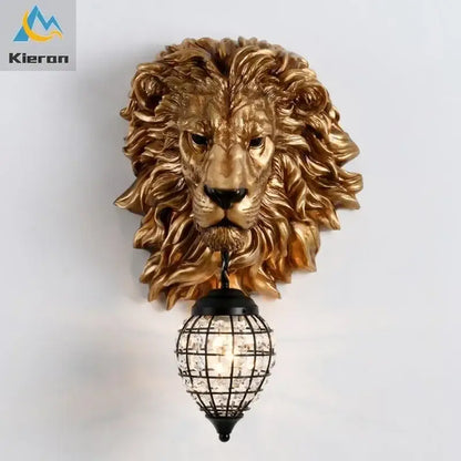 Black lion head wall lamp with gold finish and black metal cage glass globe for living room decorbites lion head design