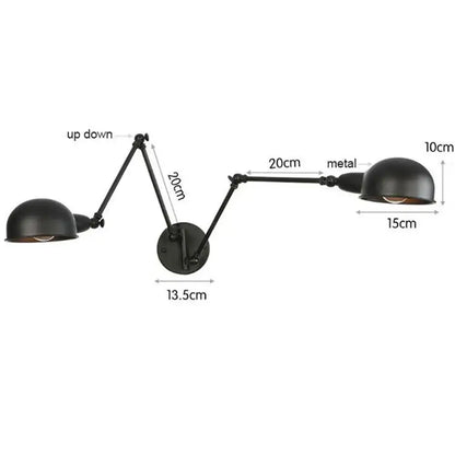 Black matte double swing arm wall sconce with two articulated arms and dome shades for bedroom reading light