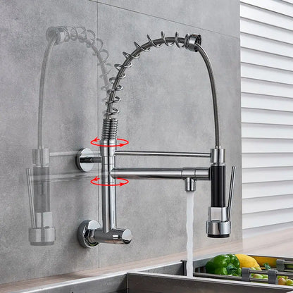 Black matte dual spout kitchen faucet with chrome extendable flexible spring hose and black handle decorbites dual spout design
