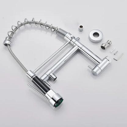 Chrome-finished decorbites dual spout kitchen faucet with flexible coiled hose and black handle accents for modern use