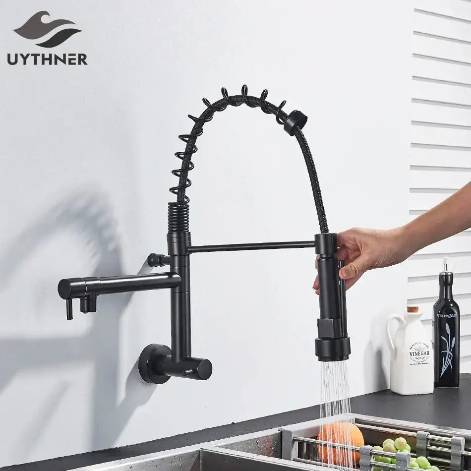 Black matte dual spout kitchen faucet with flexible coiled hose and pull-down spray head decorbites dual spout