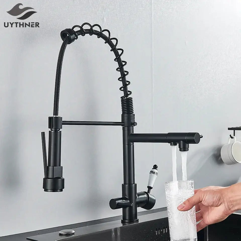 Black matte flexible gooseneck water filter faucet with pull-down spray head for kitchen mixer use