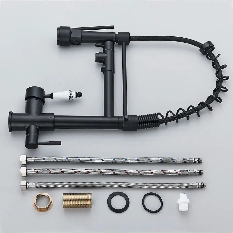 Black matte flexible gooseneck water filter faucet with a coiled hose and white ceramic handle for kitchen use