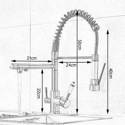 Chrome-finished pull-down water filter faucet with flexible coiled hose and dual handles for kitchen use