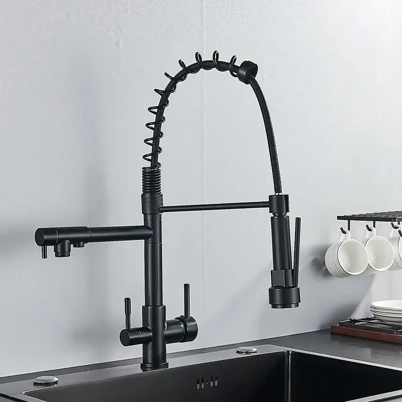 Black matte flexible gooseneck water filter faucet with coiled spout and pull-down spray head for kitchen mixer