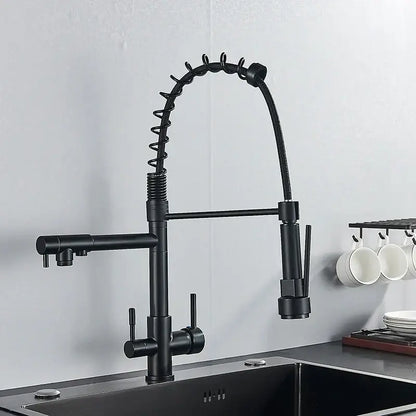 Black matte flexible gooseneck water filter faucet with coiled spout and pull-down spray head for kitchen mixer