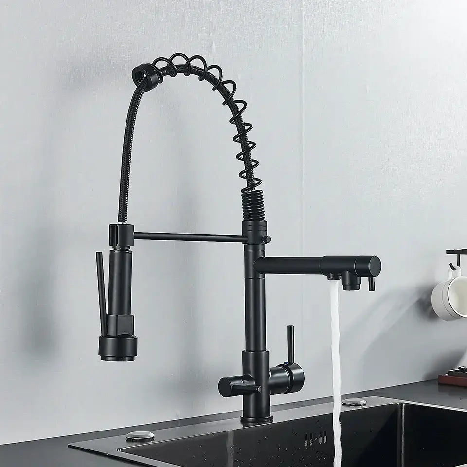 Black matte flexible gooseneck water filter faucet with coiled spring hose and pull-down spray head for kitchen use