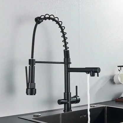 Black matte flexible gooseneck water filter faucet with coiled spring hose and pull-down spray head for kitchen use