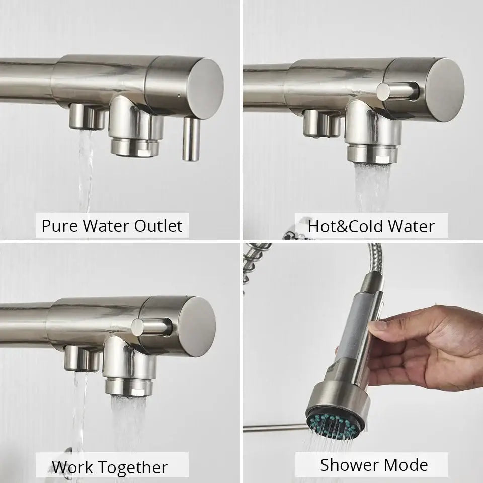 Black matte stainless steel water filter faucet with flexible gooseneck and separate pure and hot cold water outlets