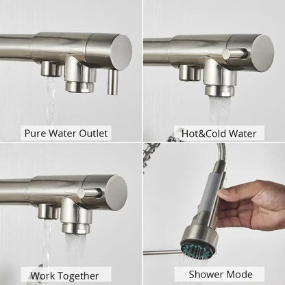 Black matte stainless steel water filter faucet with flexible gooseneck and separate pure and hot cold water outlets