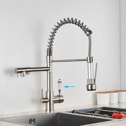 Stainless steel black matte water filter faucet with flexible coiled hose and white ceramic handle for kitchen use