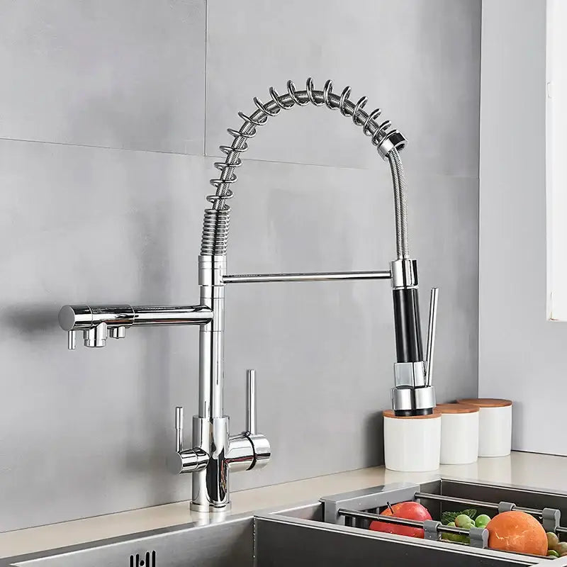 Chrome-finished flexible gooseneck water filter faucet with black pull-down spray head and dual handles for kitchen use
