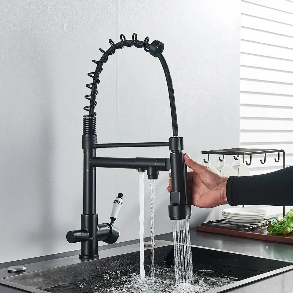 Black matte flexible gooseneck water filter faucet with coiled hose and dual spray heads for kitchen use