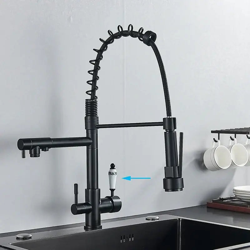 Black matte flexible gooseneck water filter faucet with coiled spring hose and ornate white ceramic handle for kitchen use