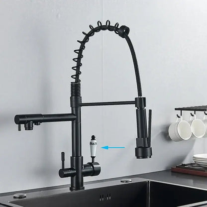 Black matte flexible gooseneck water filter faucet with coiled spring hose and ornate white ceramic handle for kitchen use