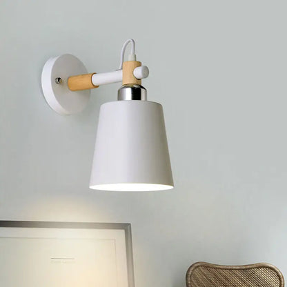 Minimalist wall lamp with white matte empire shade, wooden arm accents, chrome hardware, compatible with e26 e27 bulbs for stairs