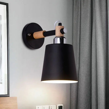 Black matte wall lamp with wooden arm, silver accent, empire shade, compatible with e26 e27 bulbs for stairs