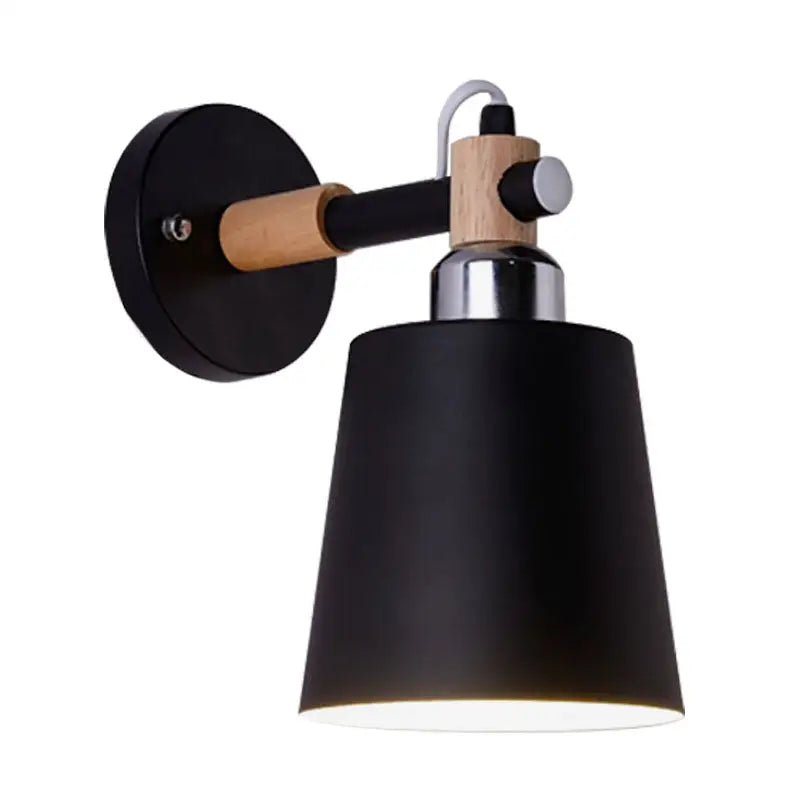 Black matte wall lamp with empire shade, wooden arm, and silver accents for stairs with e26 e27 bulb compatibility