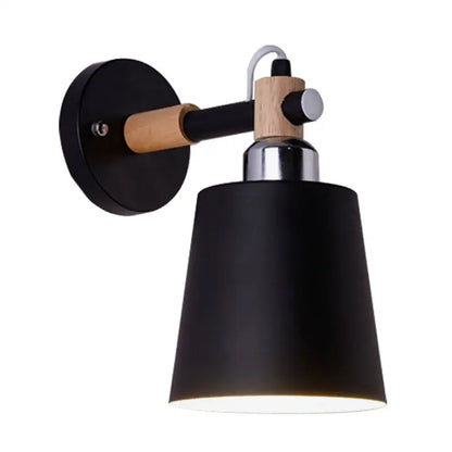 Black matte wall lamp with empire shade, wooden arm, and silver accents for stairs with e26 e27 bulb compatibility