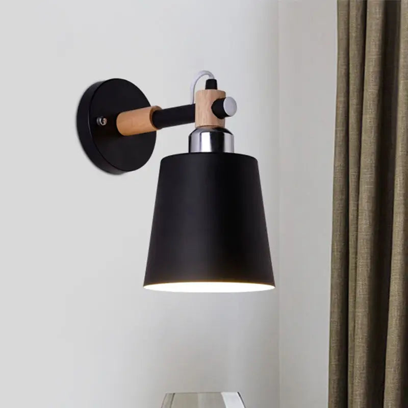 Black matte wall lamp with empire shade, wooden arm, and silver accent for stairs with e26 e27 bulb compatibility