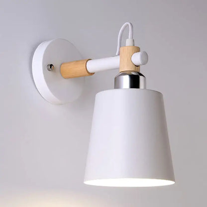 Minimalist white wall lamp with wooden arm, empire shade, and metallic accents ideal for stairs with e26 e27 bulbs