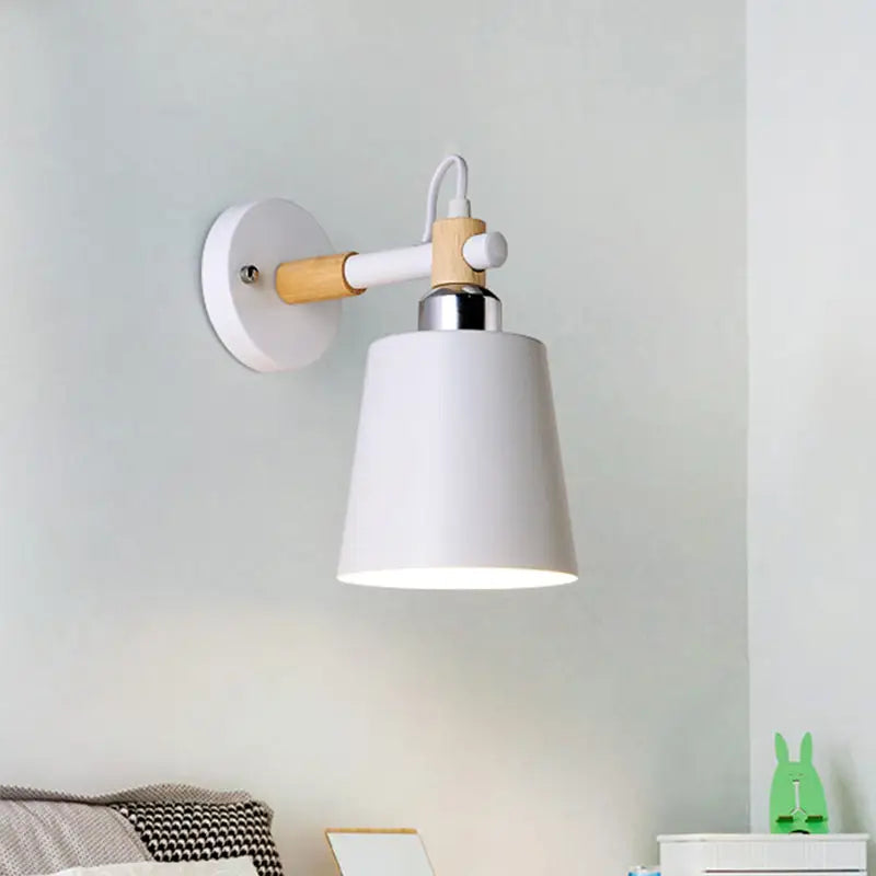 White wall lamp with cylindrical shade, wooden arm and base, and chrome joint, suitable for e26 e27 bulbs