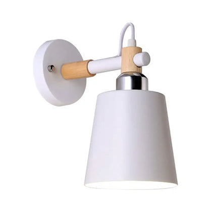 White minimalist wall lamp with matte finish, light wood arm, sleek chrome joint, suitable for e26 e27 bulbs